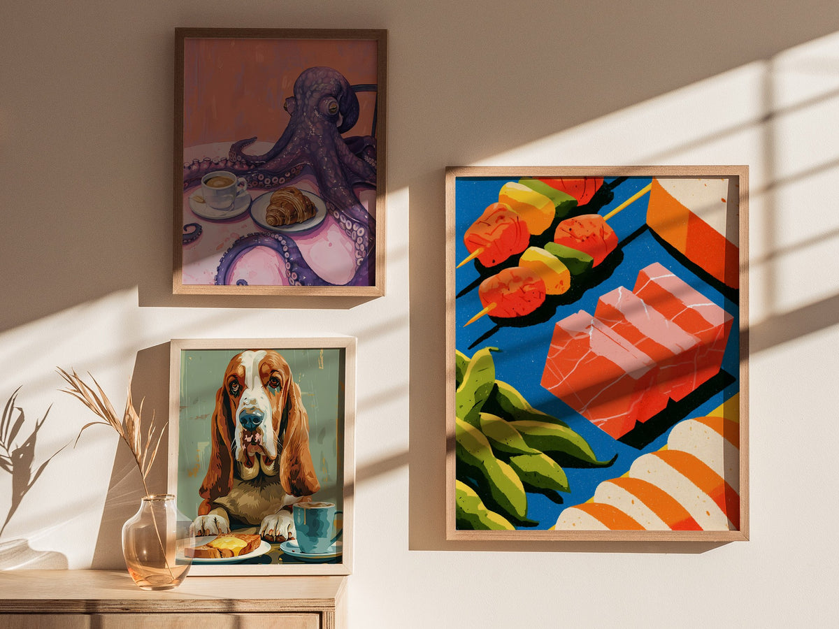 Japanese Seafood Still Life Poster | Cobalt and Coral Illustrative Art Print | Kitchen Wall Art — styled in an interior