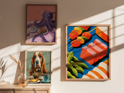 Japanese Seafood Still Life Poster | Cobalt and Coral Illustrative Art Print | Kitchen Wall Art — styled in an interior