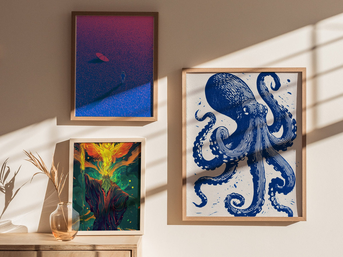 Octopus Unfurls Poster | Cobalt Blue Screen Print Art Print | Coastal Wall Art — styled in an interior