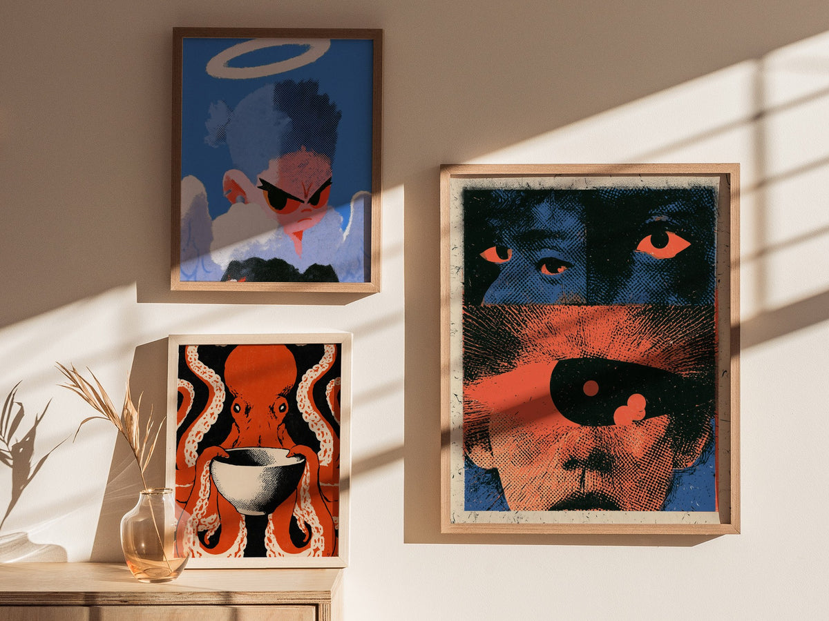Two Faces Watching Poster | Coral and Teal Screen Print Art Print | Alternative Wall Art — styled in an interior