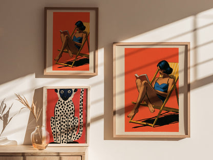 Deck Chair Reader Poster | Yellow Blue Coral Screen Print Art Print | Beach House Wall Art — styled in an interior
