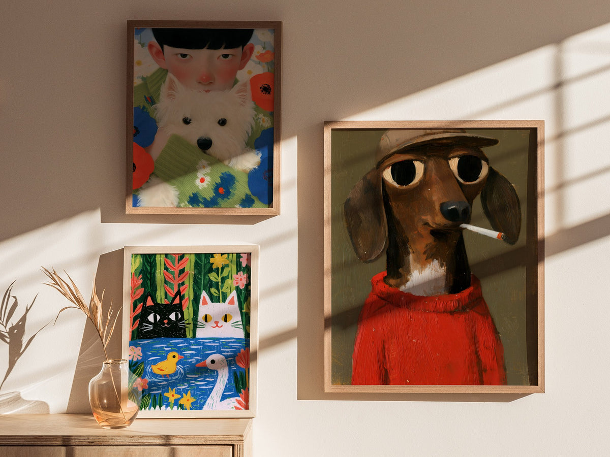 Dachshund In Red Poster | Red and Olive Oil Painting Art Print | Folk Art Wall Art — styled in an interior
