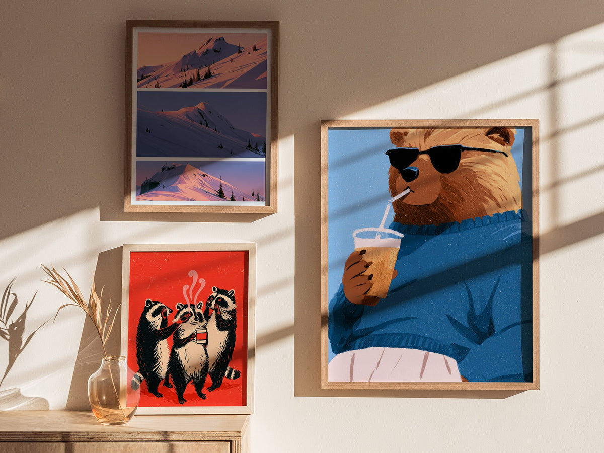 Cool Bear Sips Poster | Pastel Blue Illustrative Art Print | Kids Room Wall Art — styled in an interior