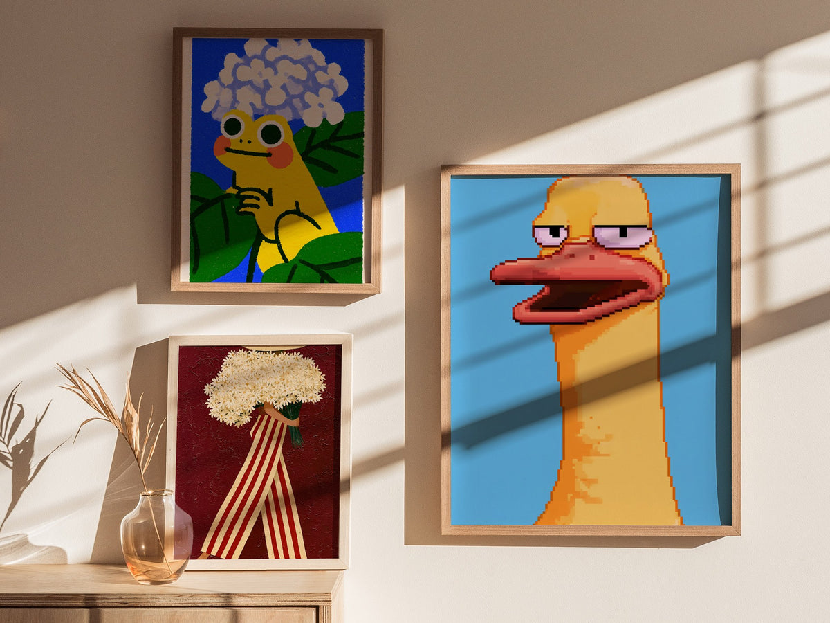 Tired Duck Portrait Poster | Pink and Yellow Pixel Art Print | Gaming Wall Art — styled in an interior