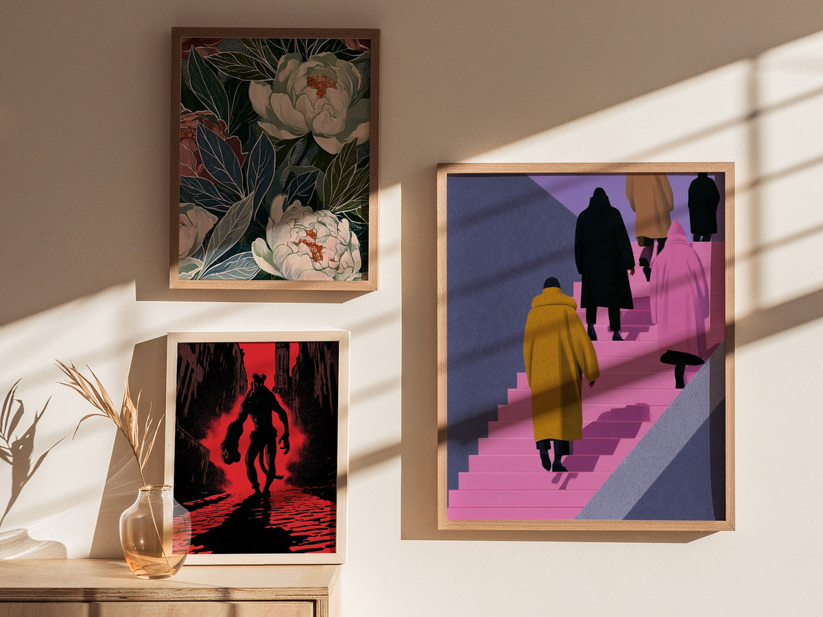 Figures Ascending Pink Poster | Pink and Purple Illustrative Art Print | Urban Minimalist Wall Art — styled in an interior
