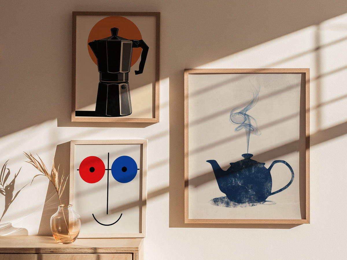 Kettle Steam Poster | Navy and Cream Minimalism Art Print | Kitchen Wall Art — styled in an interior