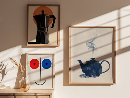 Kettle Steam Poster | Navy and Cream Minimalism Art Print | Kitchen Wall Art — styled in an interior