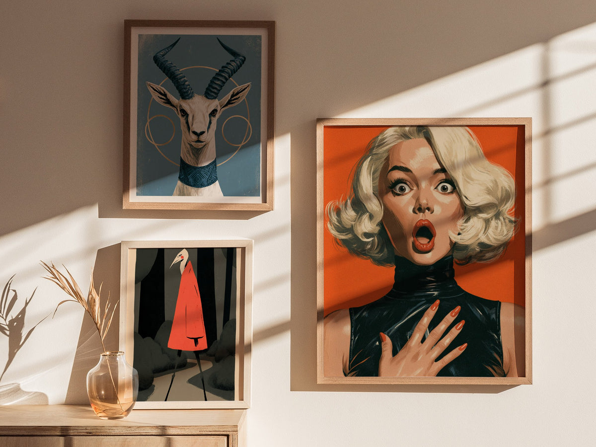She Just Heard Poster | Orange and Black Illustrative Art Print | Pop Art Wall Art — styled in an interior