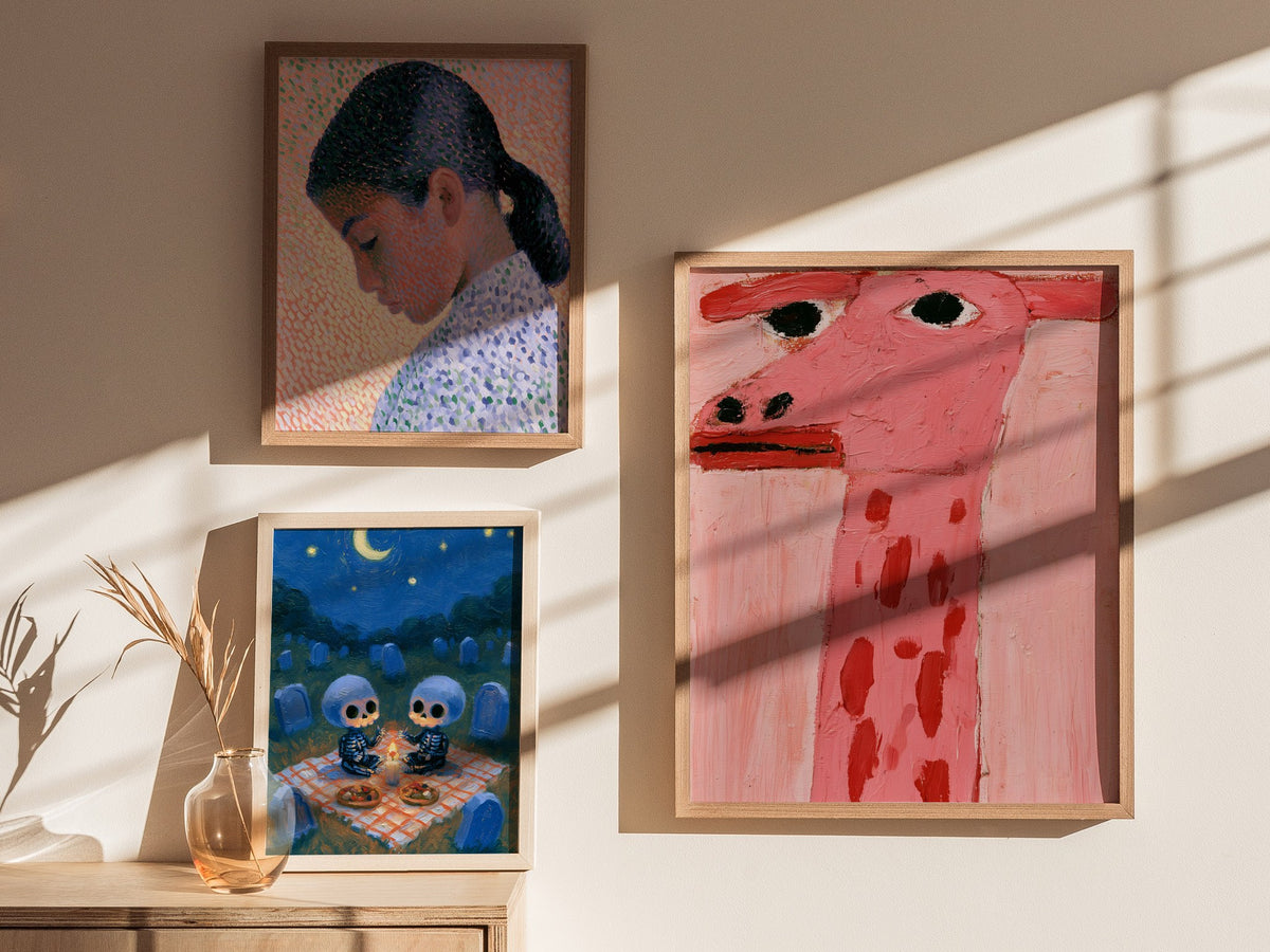 pink-giraffe-portrait Poster | Pink and Cream Oil Painting Art Print | Kids Room Wall Art — styled in an interior