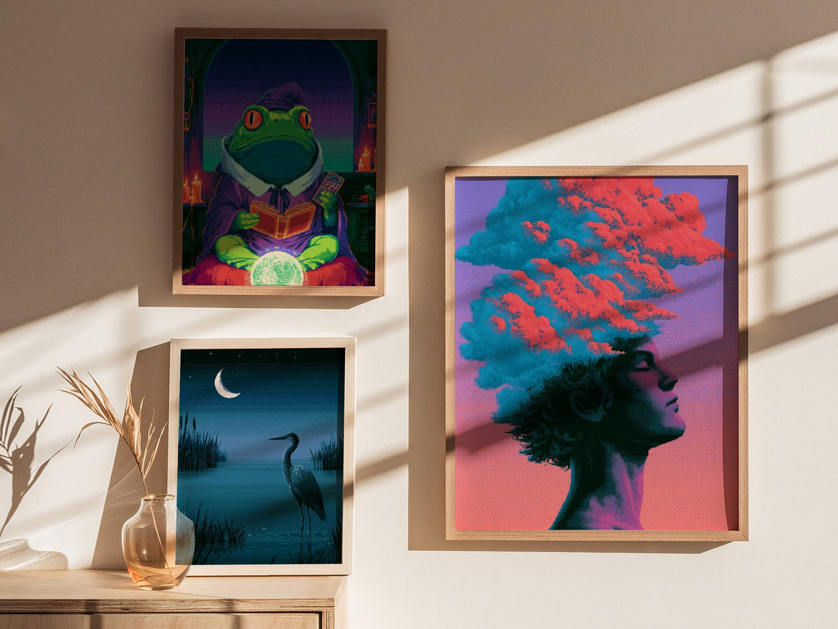 Cloud Mind Floats Poster | Coral and Turquoise Pixel Art Print | Retro Gaming Wall Art — styled in an interior
