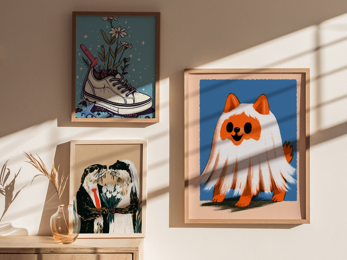 Ghost Dog Poster | Orange and Cobalt Illustrative Art Print | Kids Room Wall Art — styled in an interior