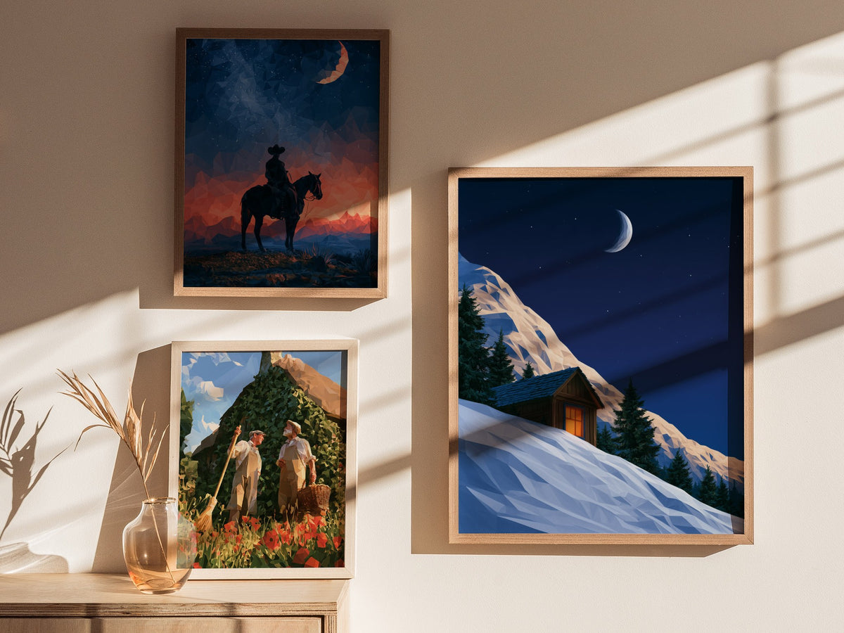 Mountain Cabin Waits Poster | Cobalt and Orange Low Poly Art Print | Mountain Modern Wall Art — styled in an interior