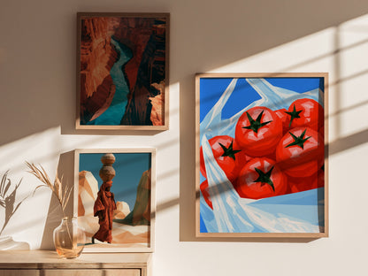 Tomatoes Coming Home Poster | Cobalt and Red Low Poly Art Print | Kitchen Wall Art — styled in an interior