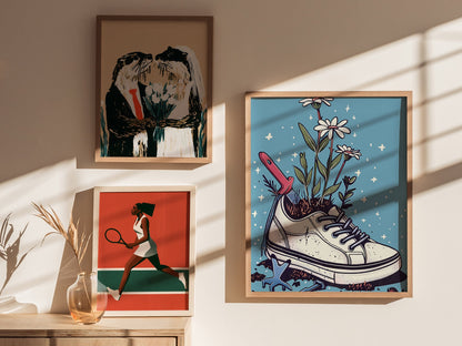 Sneaker Garden Poster | Blue and Coral Illustrative Art Print | Plant Lover Wall Art — styled in an interior