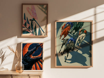 Jockeys Take the Turn Poster | Cobalt and Rust Low Poly Art Print | Modern Sports Wall Art — styled in an interior