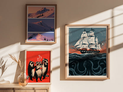 Kraken Under Sail Poster | Teal and Cream Illustrative Art Print | Nautical Folk Art Wall Art — styled in an interior