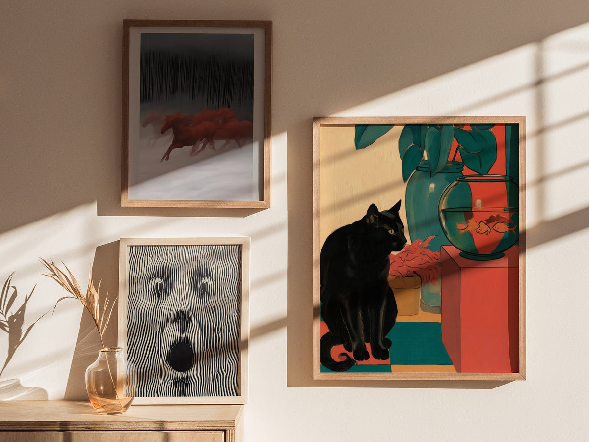 cat-and-goldfish Poster | Coral and Teal Matisse Style Art Print | Modern Home Wall Art — styled in an interior