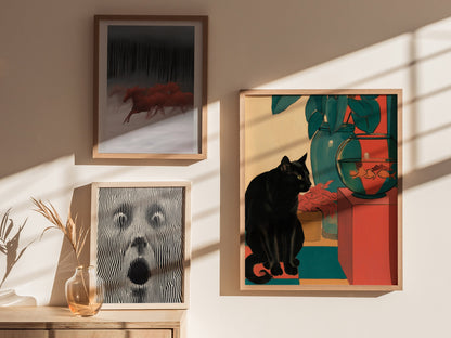 cat-and-goldfish Poster | Coral and Teal Matisse Style Art Print | Modern Home Wall Art — styled in an interior