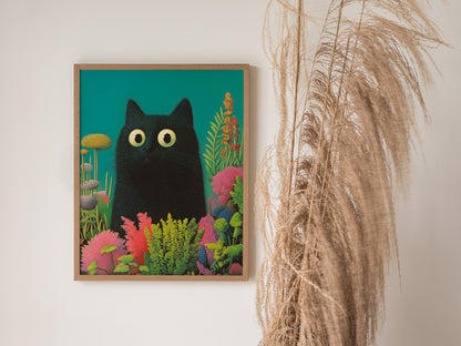 Black Cat in Garden Poster | Animals Art Print — styled in an interior