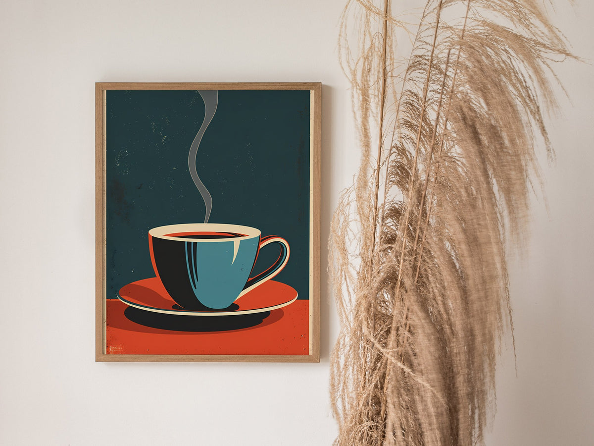 Cup and Saucer Poster | Cobalt and Coral Flat Design Art Print | Kitchen Wall Art — styled in an interior