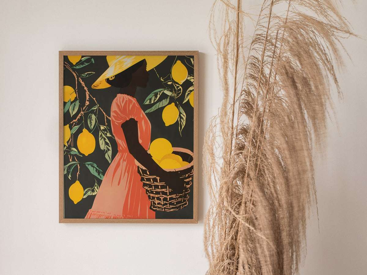 Woman Carries Lemons Poster | Yellow and Coral Screen Print Art Print | Kitchen Wall Art — styled in an interior
