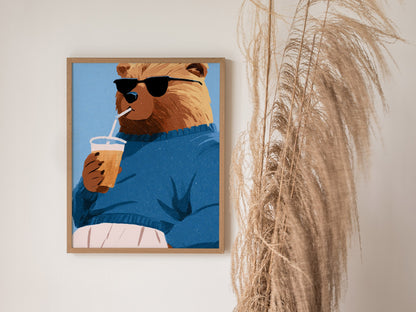 Cool Bear Sips Poster | Pastel Blue Illustrative Art Print | Kids Room Wall Art — styled in an interior