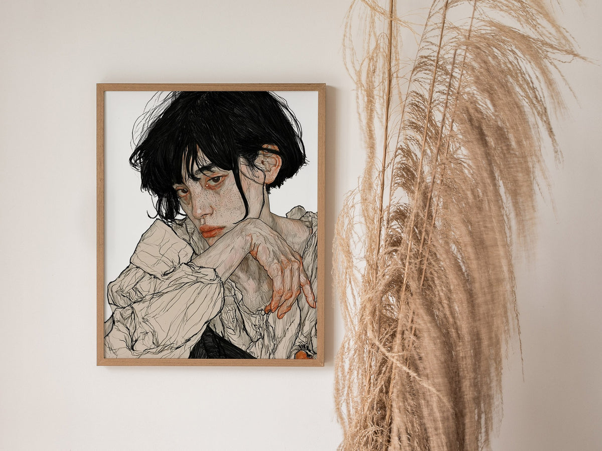 resting-hands Poster | Black and White Pen and Ink Art Print | Dark Academia Wall Art — styled in an interior