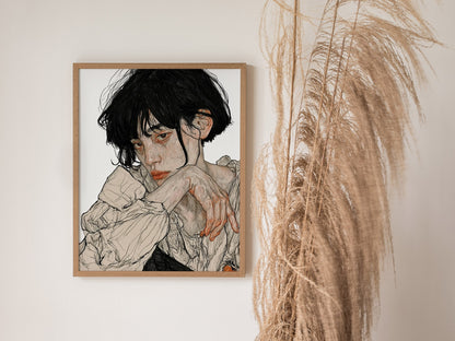 resting-hands Poster | Black and White Pen and Ink Art Print | Dark Academia Wall Art — styled in an interior
