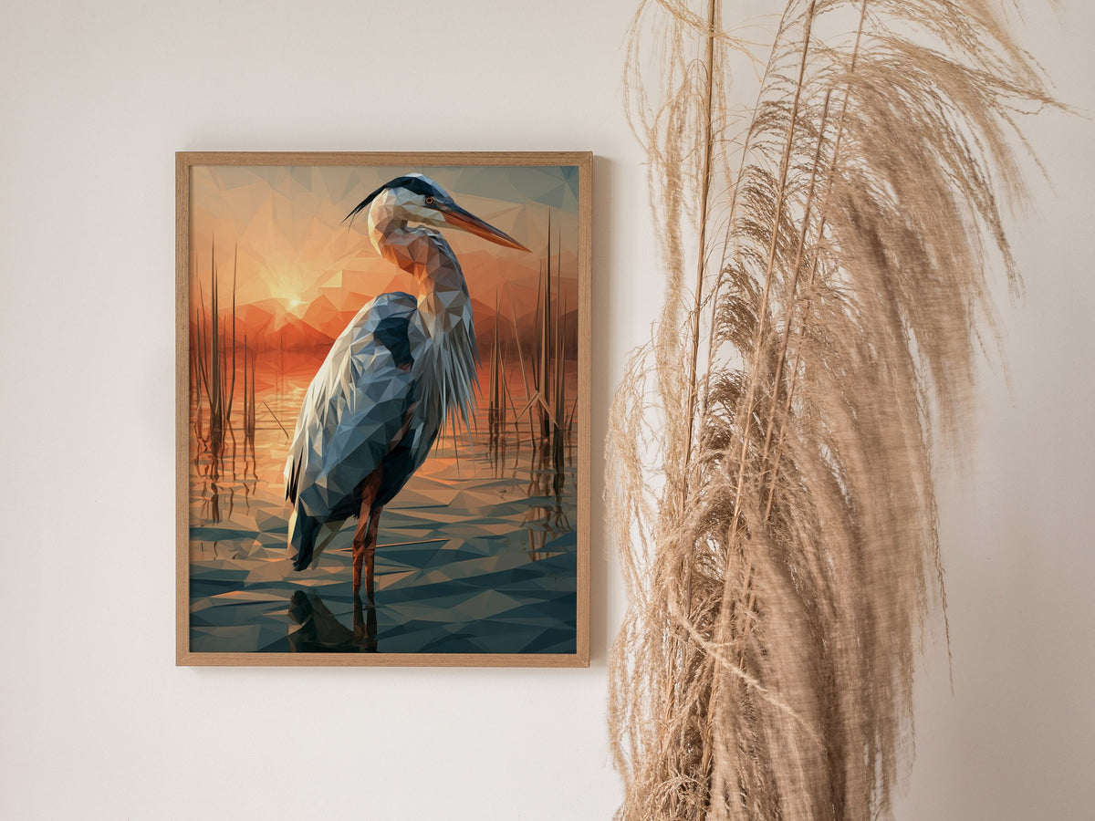 Heron Guards Dusk Poster | Slate and Burnt Low Poly Art Print | Minimalist Wall Art — styled in an interior