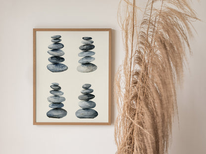Four Stone Arrangements Poster | Gray and Blue-Gray Japanese Watercolor Art Print | Minimalist Wall Art — styled in an interi