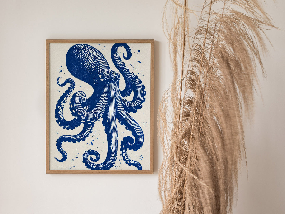 Octopus Unfurls Poster | Cobalt Blue Screen Print Art Print | Coastal Wall Art — styled in an interior
