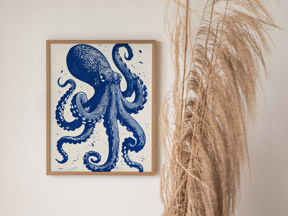 Octopus Unfurls Poster | Cobalt Blue Screen Print Art Print | Coastal Wall Art — styled in an interior