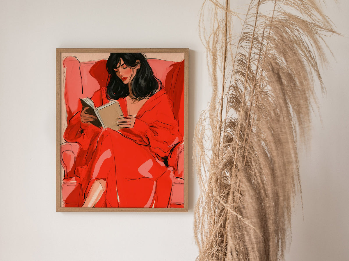 Woman Reading In Red Poster | Coral and Pink Illustrative Art Print | Quiet Interiors Wall Art — styled in an interior