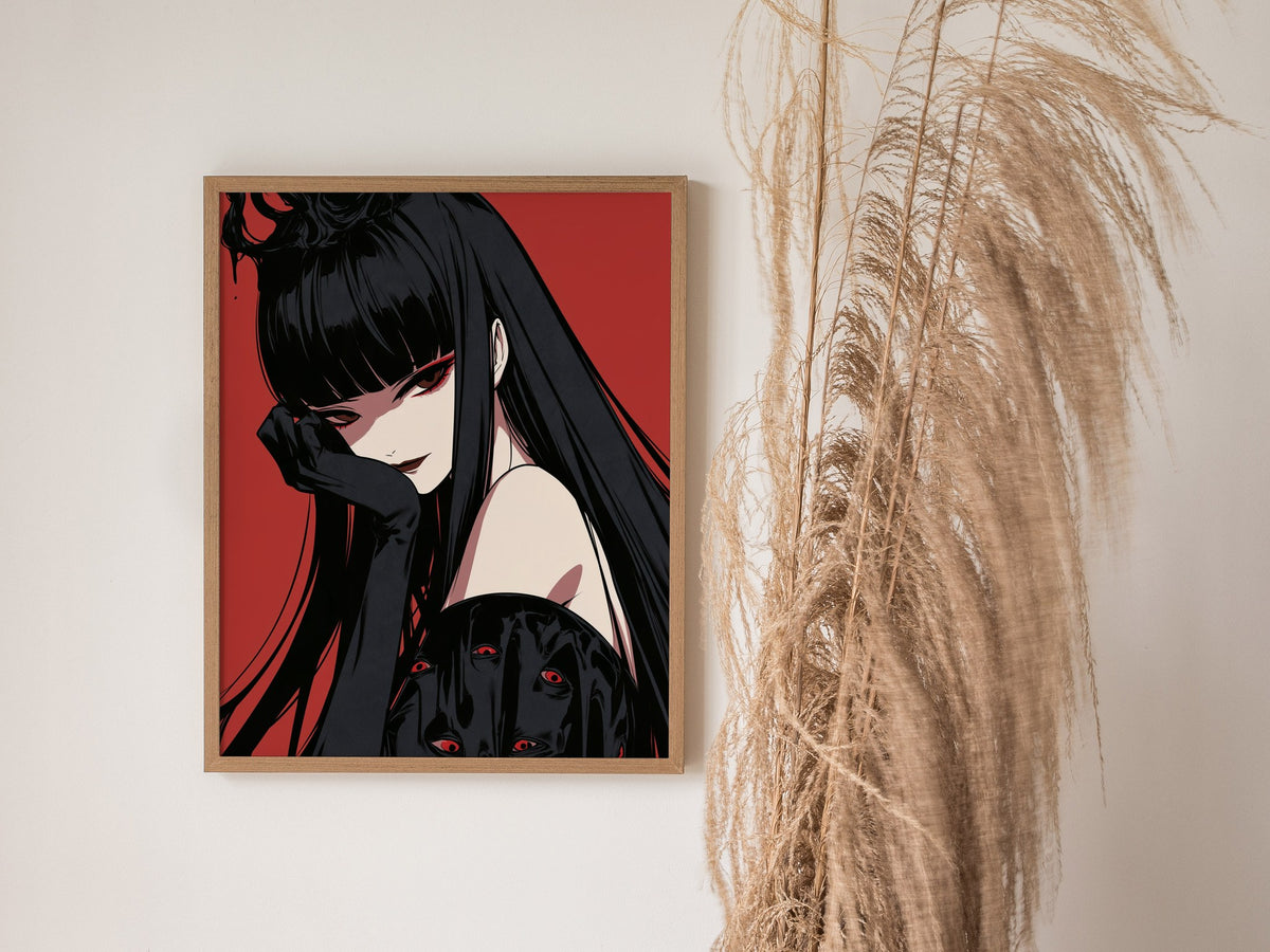 Demon Queen Watches Poster | Red and Black Illustrative Art Print | Dark Fantasy Wall Art — styled in an interior