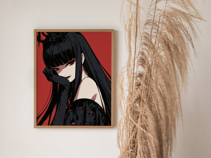 Demon Queen Watches Poster | Red and Black Illustrative Art Print | Dark Fantasy Wall Art — styled in an interior