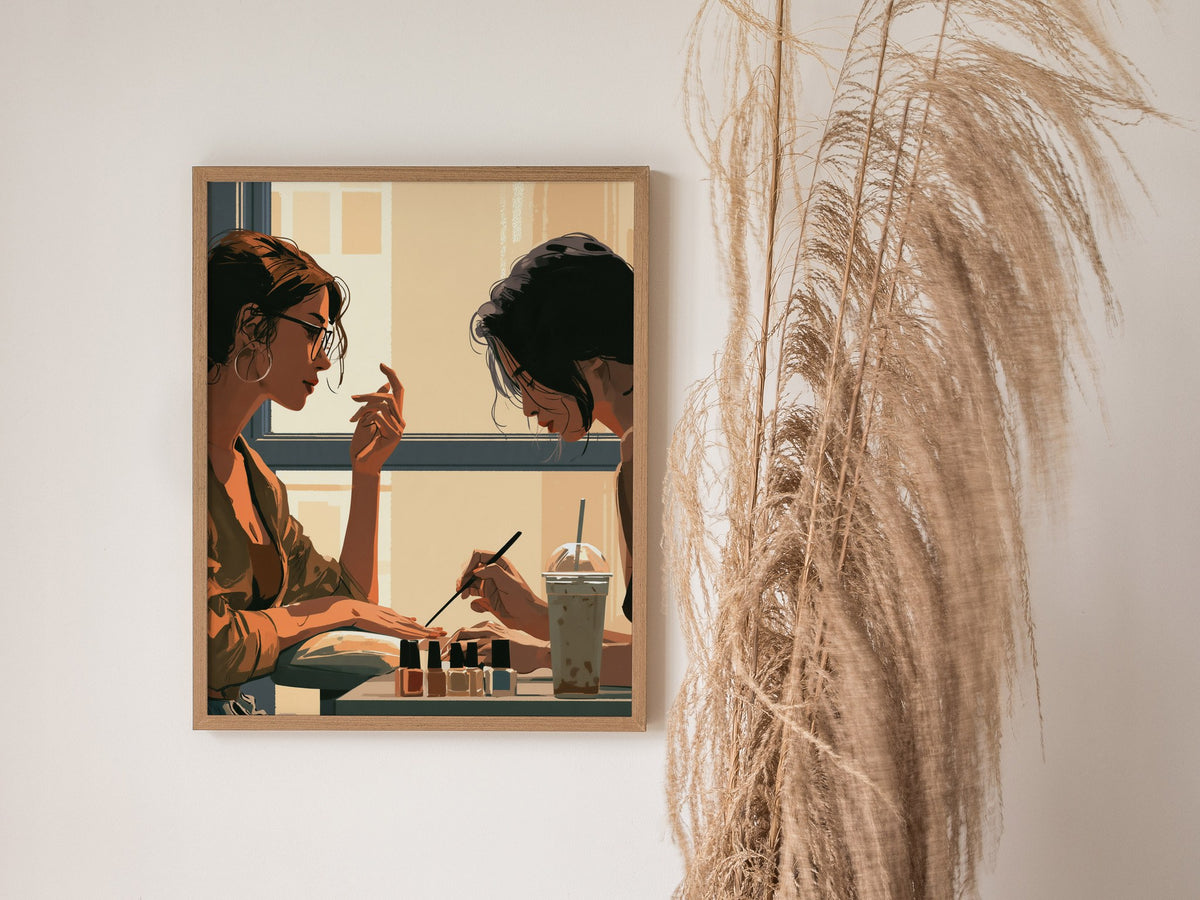 Nail Polish Afternoon Poster | Blue and Coral Illustrative Art Print | Nail Salon Wall Art — styled in an interior