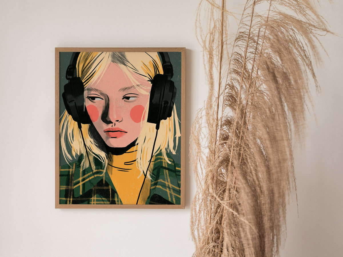 Headphone Hours Poster | Green and Gold Illustrative Art Print | Music Lovers Wall Art — styled in an interior