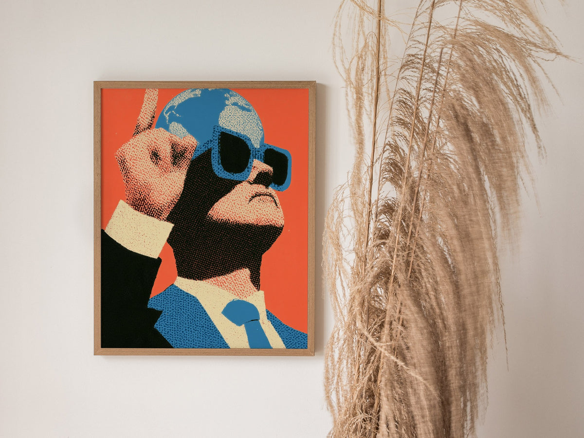 Globe Head Points Up Poster | Coral and Blue Screen Print Art Print | Contemporary Wall Art — styled in an interior