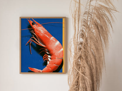 prawn-on-blue Poster | Blue and Orange Screen Print Art Print | Kitchen Wall Art — styled in an interior