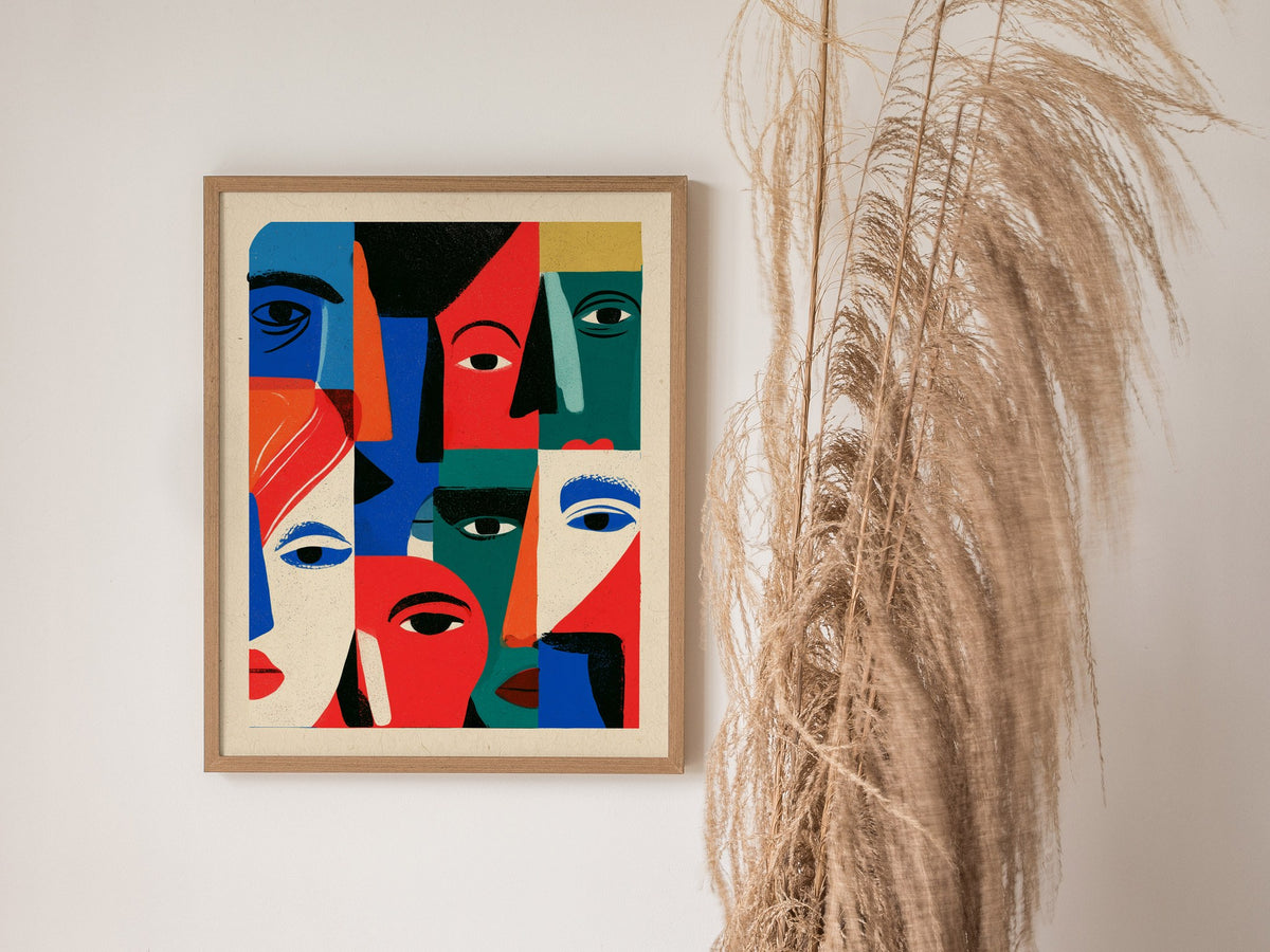 Crowd Wears Faces Poster | Multicolor Illustrative Art Print | Kids Room Wall Art — styled in an interior