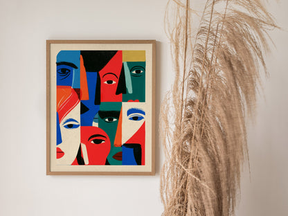Crowd Wears Faces Poster | Multicolor Illustrative Art Print | Kids Room Wall Art — styled in an interior