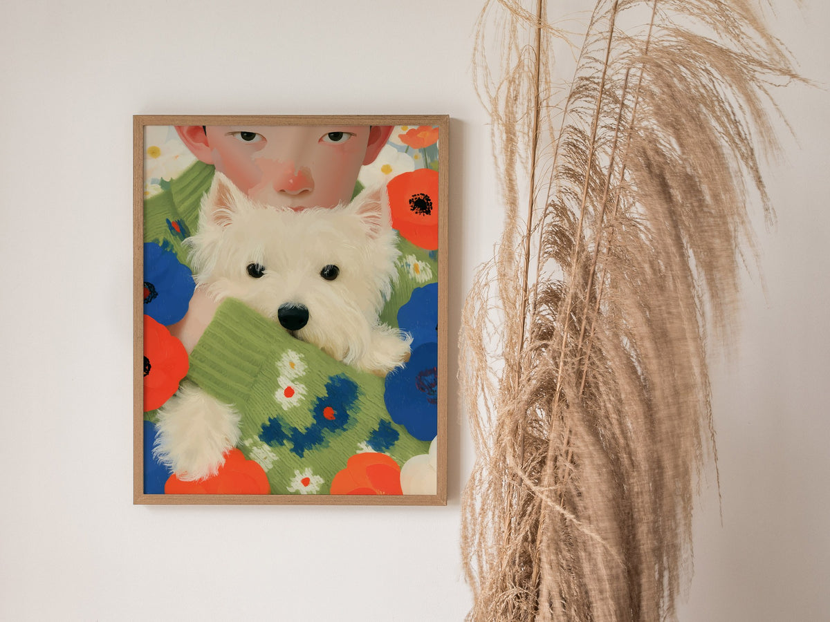 Boy With Westie Poster | Blue and Green Illustrative Art Print | Contemporary Wall Art — styled in an interior