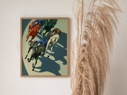Jockeys Take the Turn Poster | Cobalt and Rust Low Poly Art Print | Modern Sports Wall Art — styled in an interior