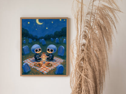 Skeleton Picnic Poster | Cobalt and Red Oil Painting Art Print | Goth Wall Art — styled in an interior