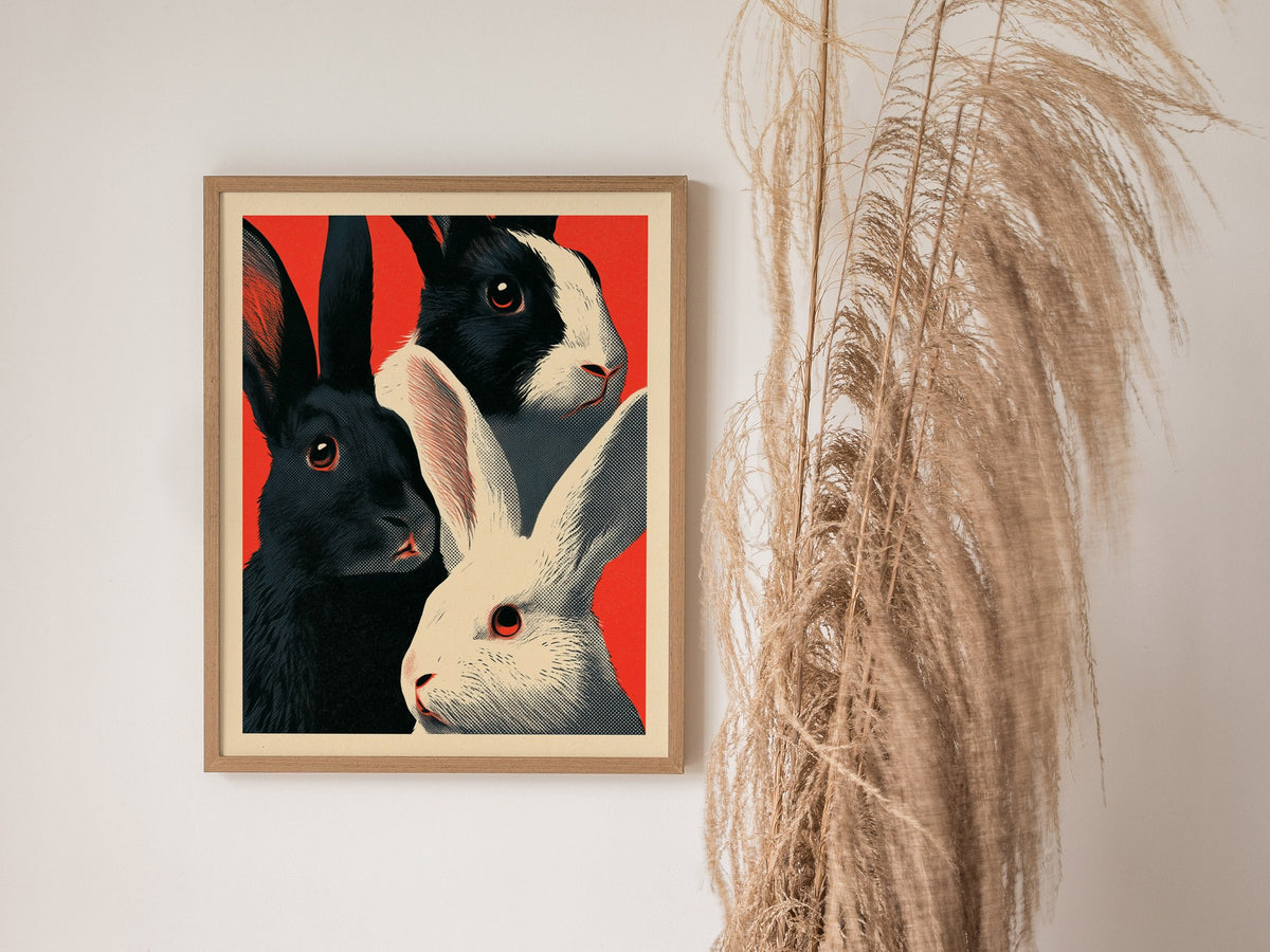Tuxedo Rabbits Yellow Poster | Mustard and Black Screen Print Art Print | Animal Advocacy Wall Art — styled in an interior