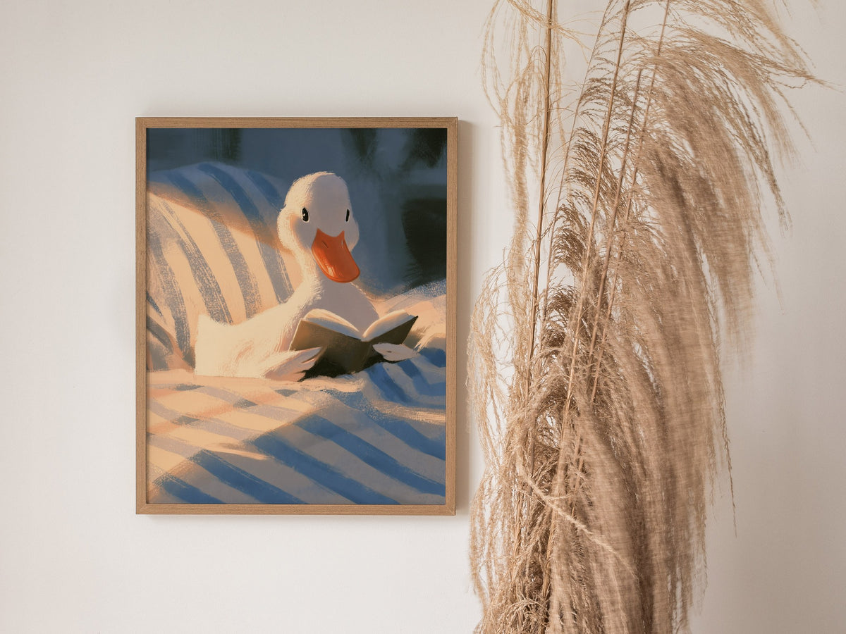 Duck Reads in Bed Poster | Soft Blue Illustrative Art Print | Kids Room Wall Art — styled in an interior