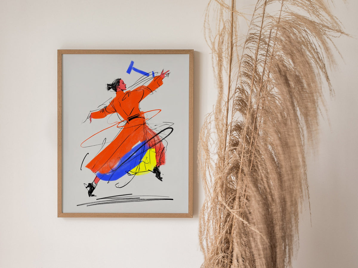 Dancer Breaks Free Poster | Pink and Orange Illustrative Art Print | Dance Studio Wall Art — styled in an interior