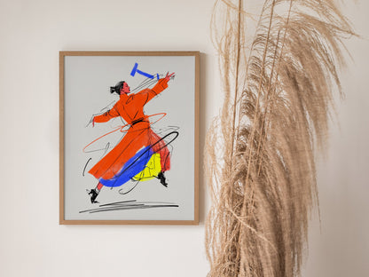 Dancer Breaks Free Poster | Pink and Orange Illustrative Art Print | Dance Studio Wall Art — styled in an interior