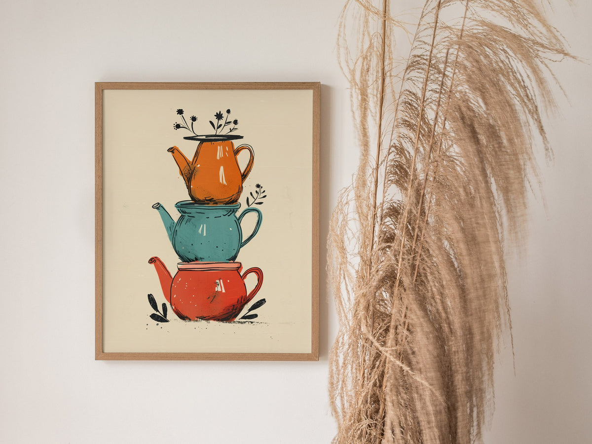 Stacked Teapots Poster | Coral and Teal Illustrative Art Print | Kitchen Wall Art — styled in an interior