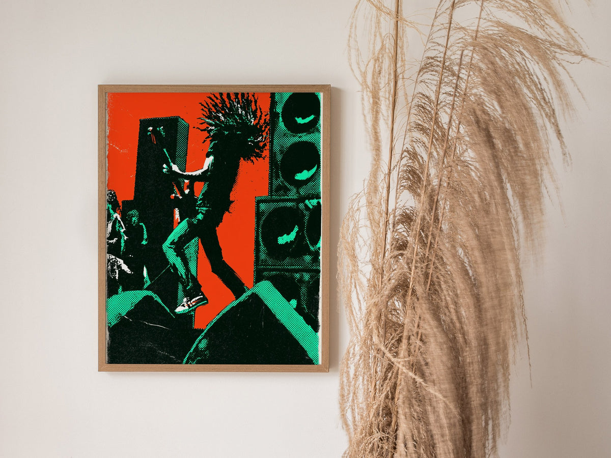 Guitarist Leaves Ground Poster | Orange and Green Screen Print Art Print | Music Lover Wall Art — styled in an interior